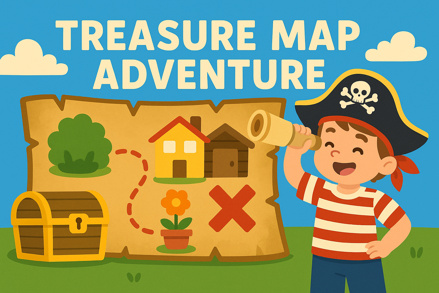 Cartoon image of a kid in a pirate costume with a treasure map of the house and garden