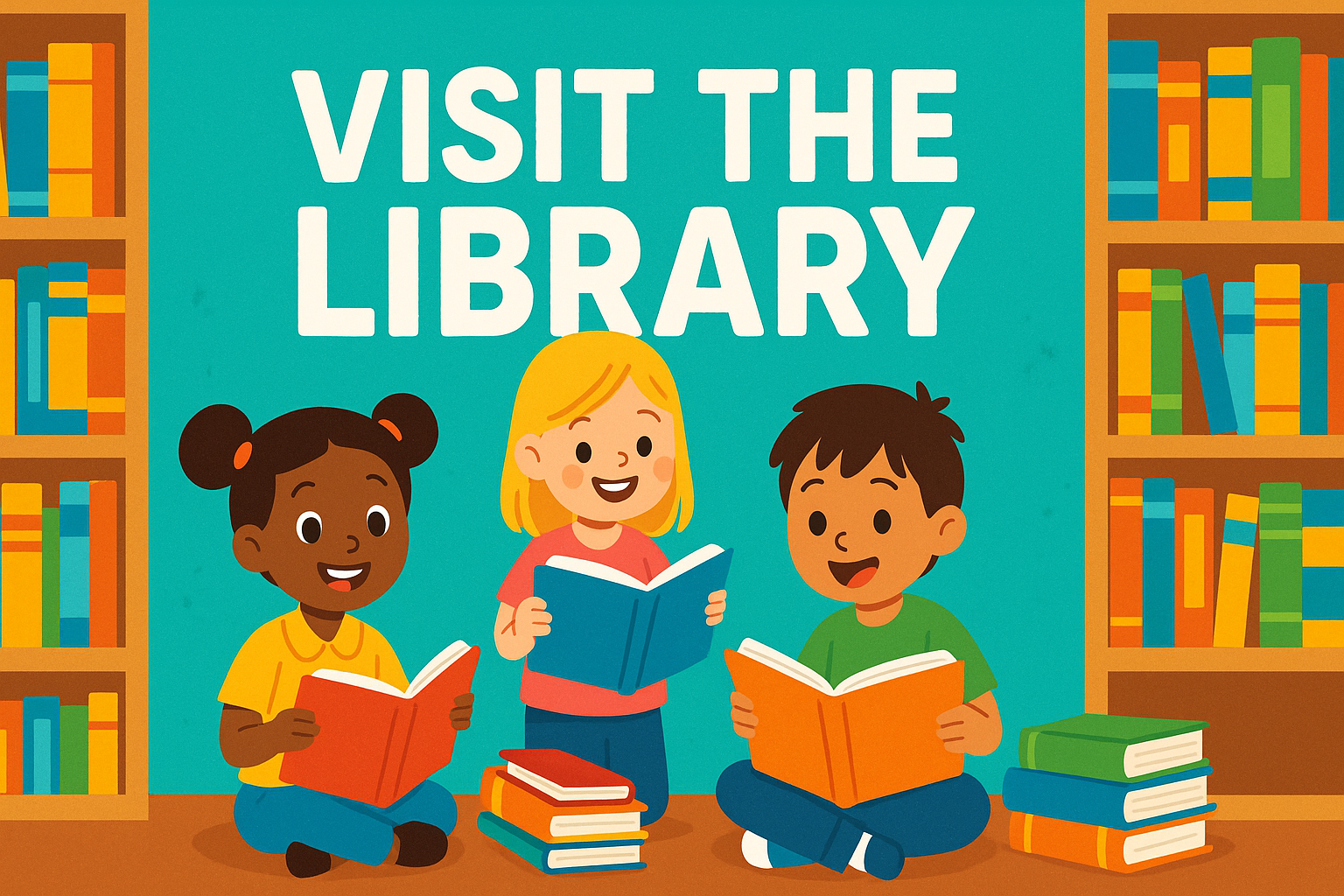 Cartoon-style image of kids in a library