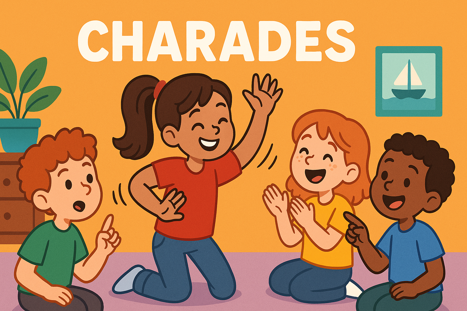 Cartoon image of kids playing Charades