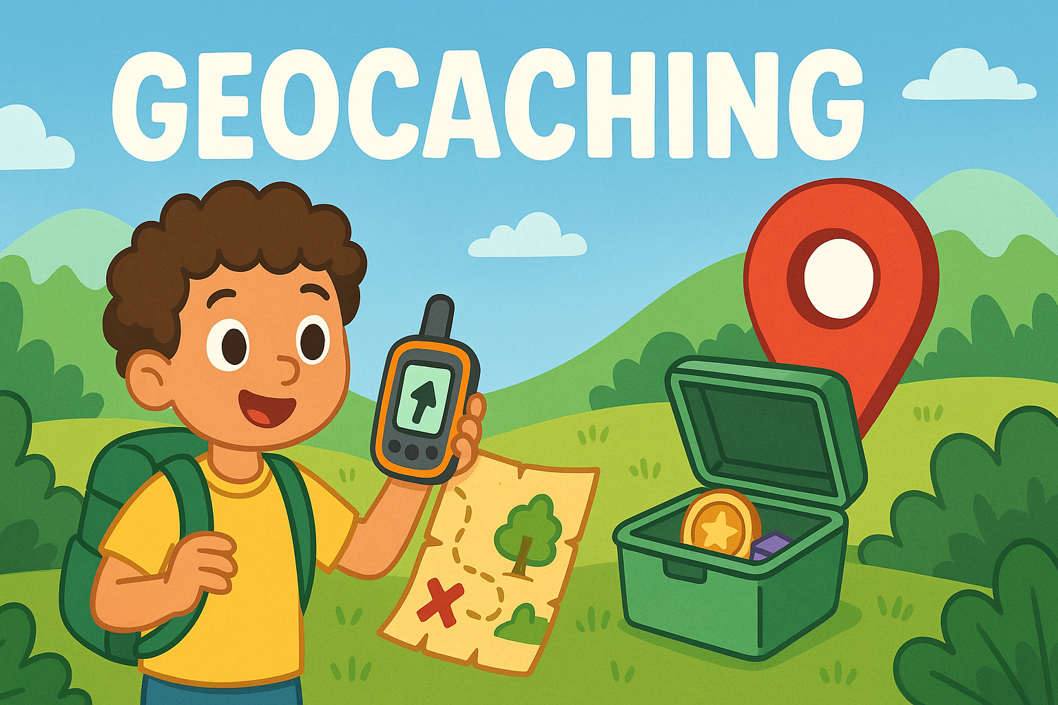 Cartoon image of a child on a geocaching adventure