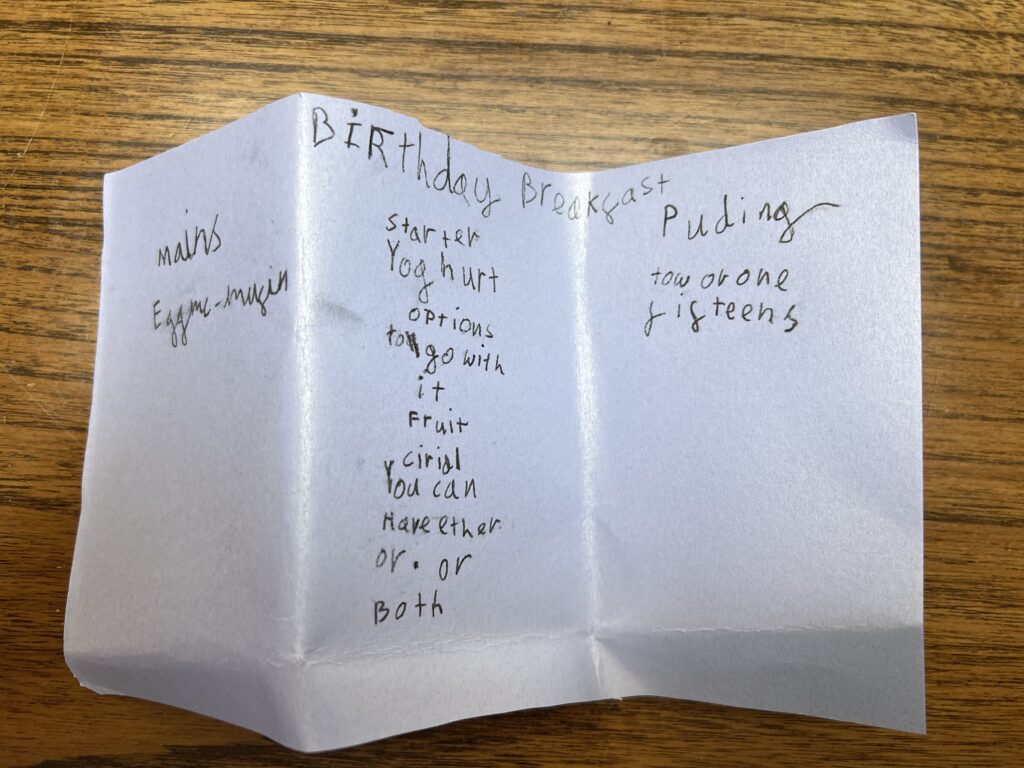 Birthday breakfast in bed menu