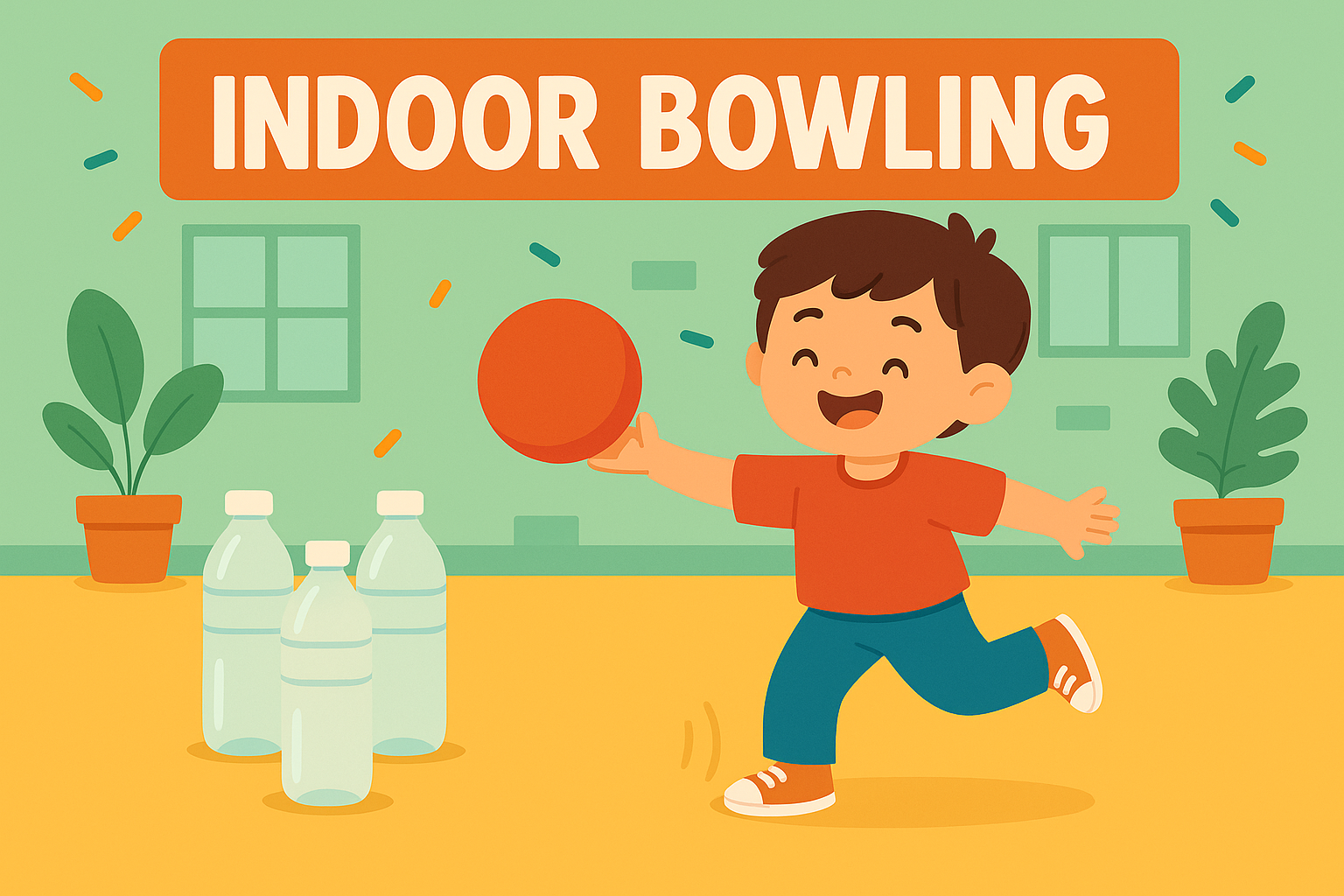Cartoon image of boy playing indoor bowling