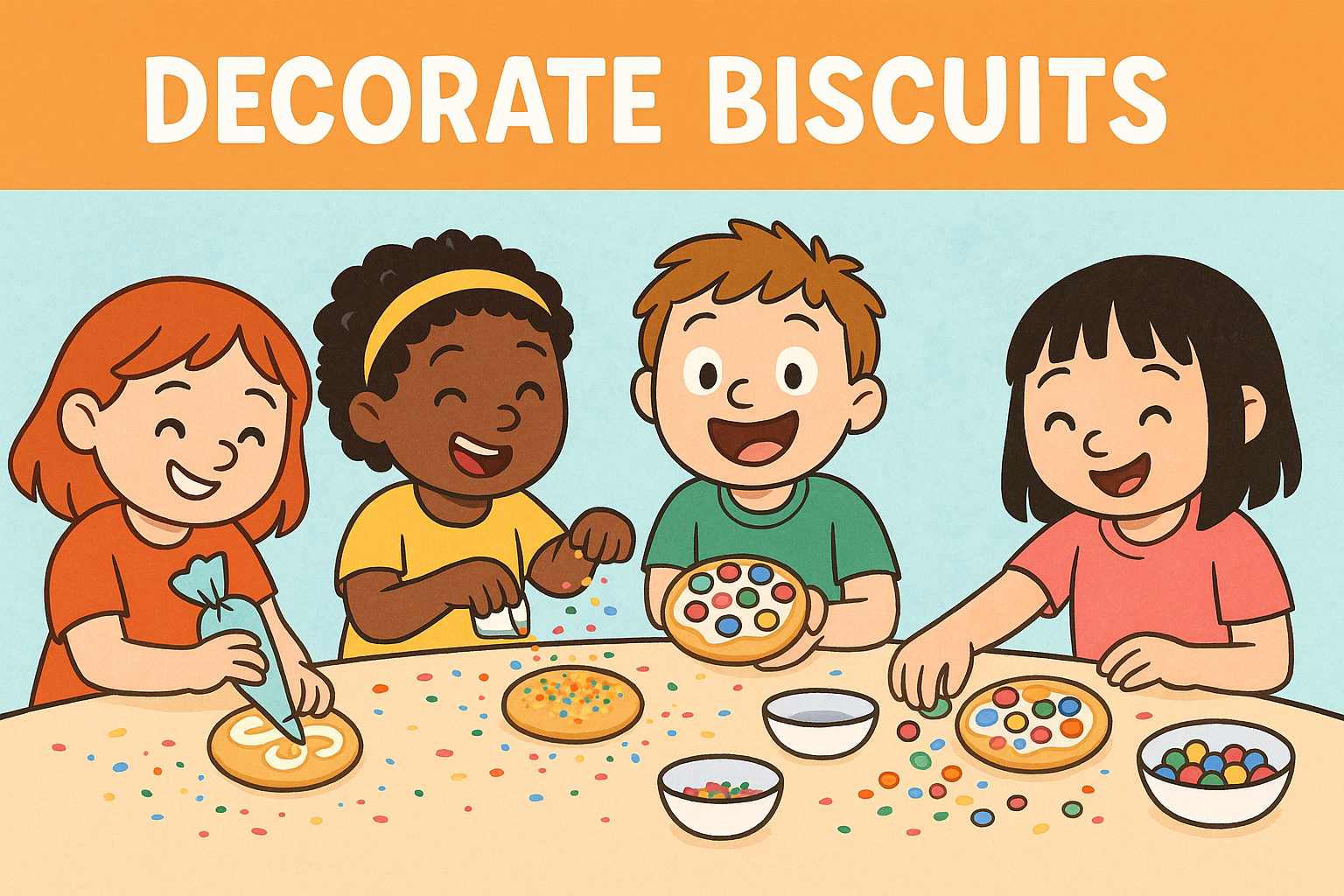 Cartoon image of four kids decorating biscuits with icing and sprinkles