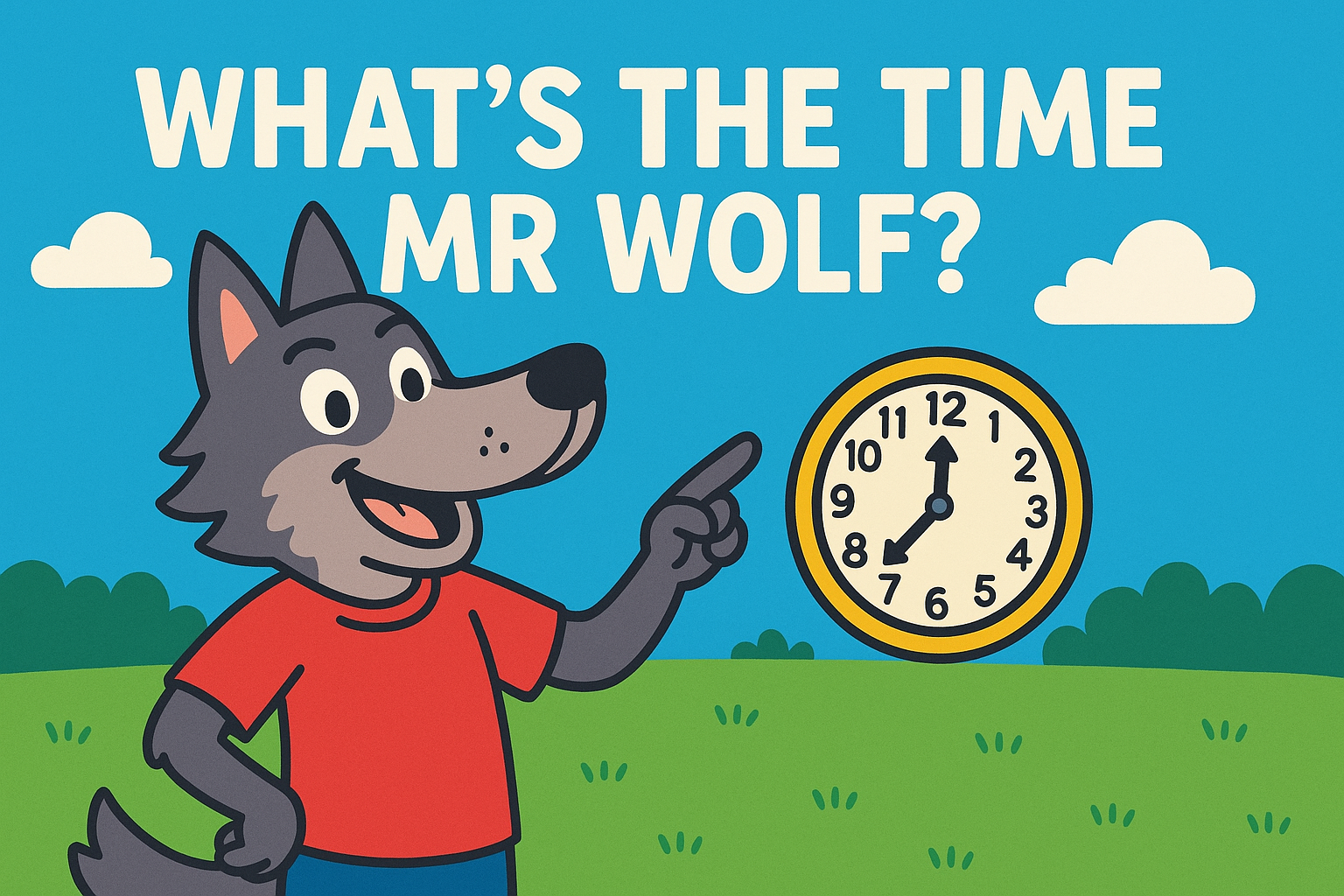 Cartoon image of a Wolf and a clock