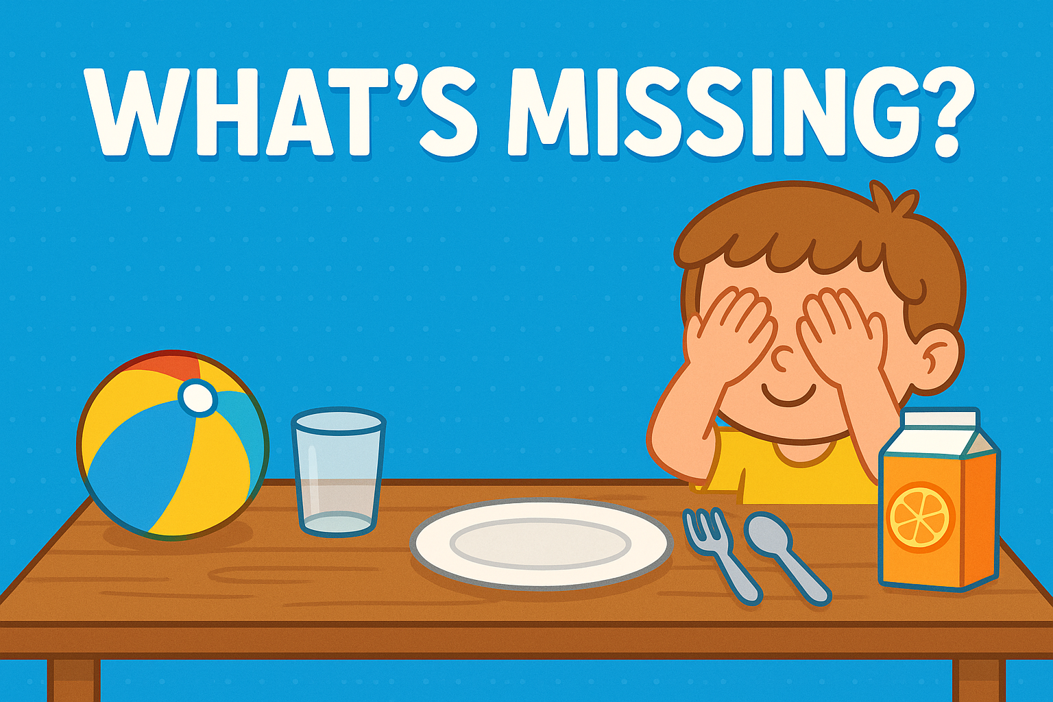 Cartoon image of kid at a table covering his eyes