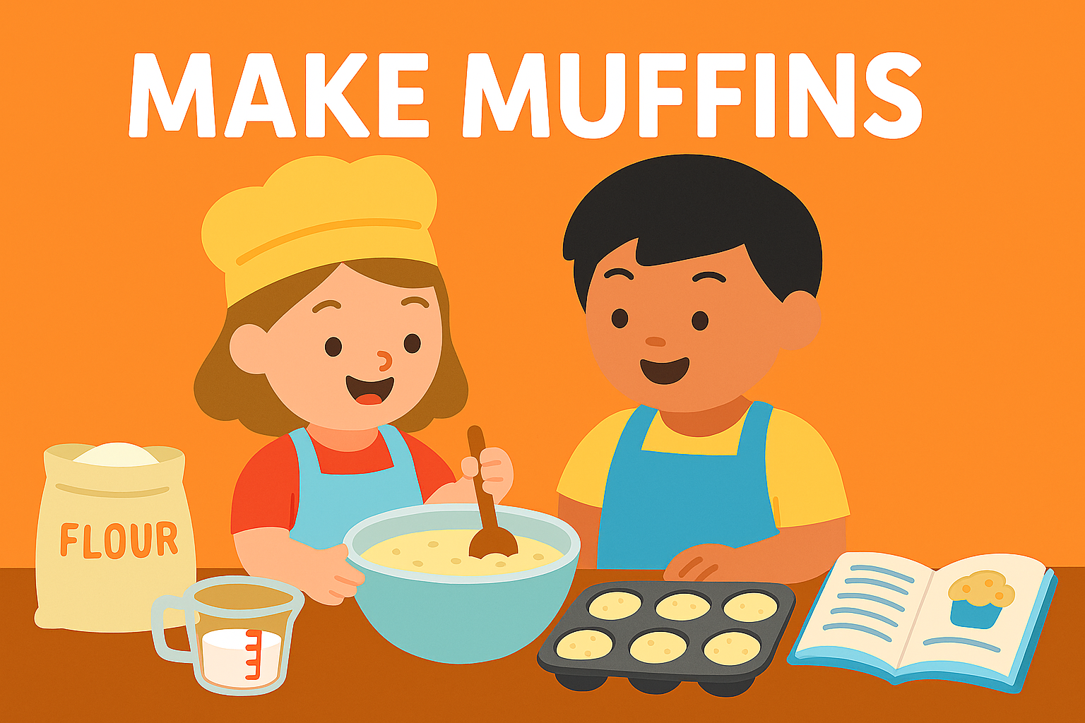 Cartoon of two kids mixing batter and adding it to muffin tins