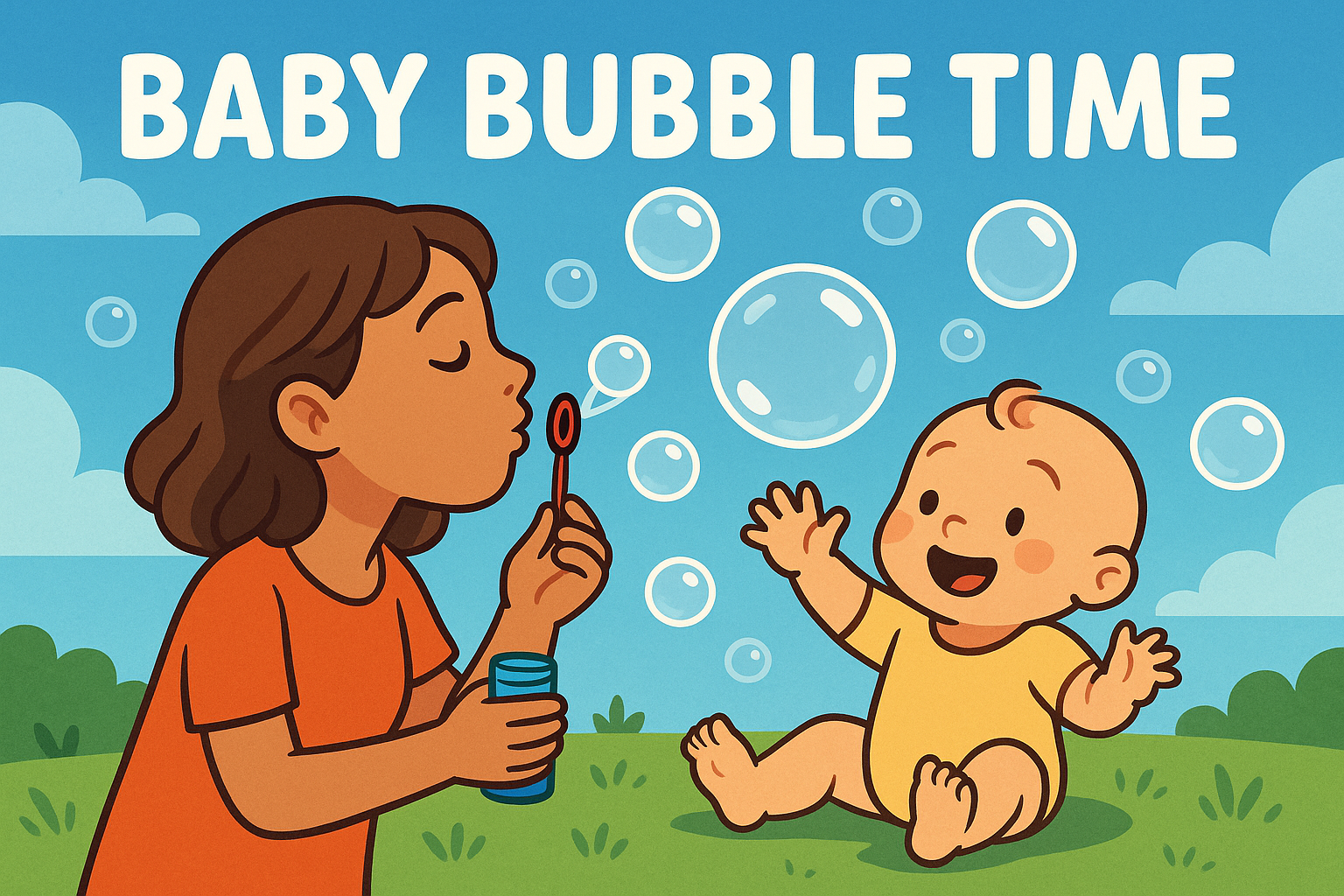 Cartoon image of a mother blowing bubbles for a baby