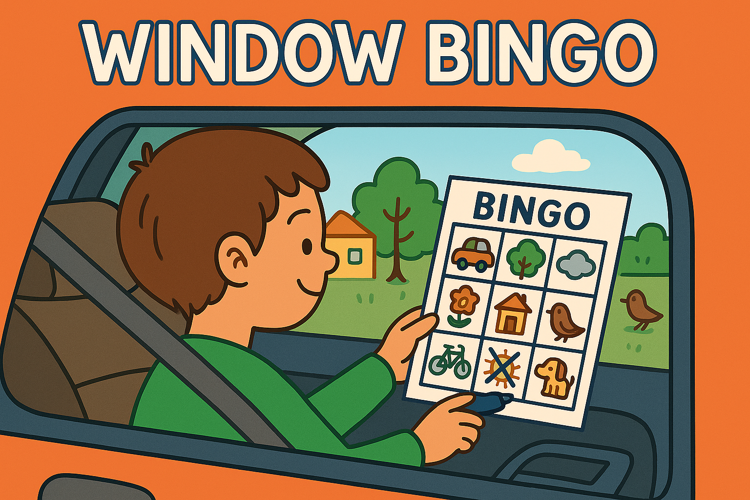 Cartoon of a boy in a car, looking out of the window and holding a bingo sheet