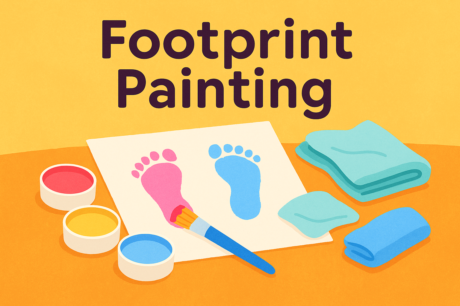 Cartoon of paints, paintbrush and imprint of painted feet on paper