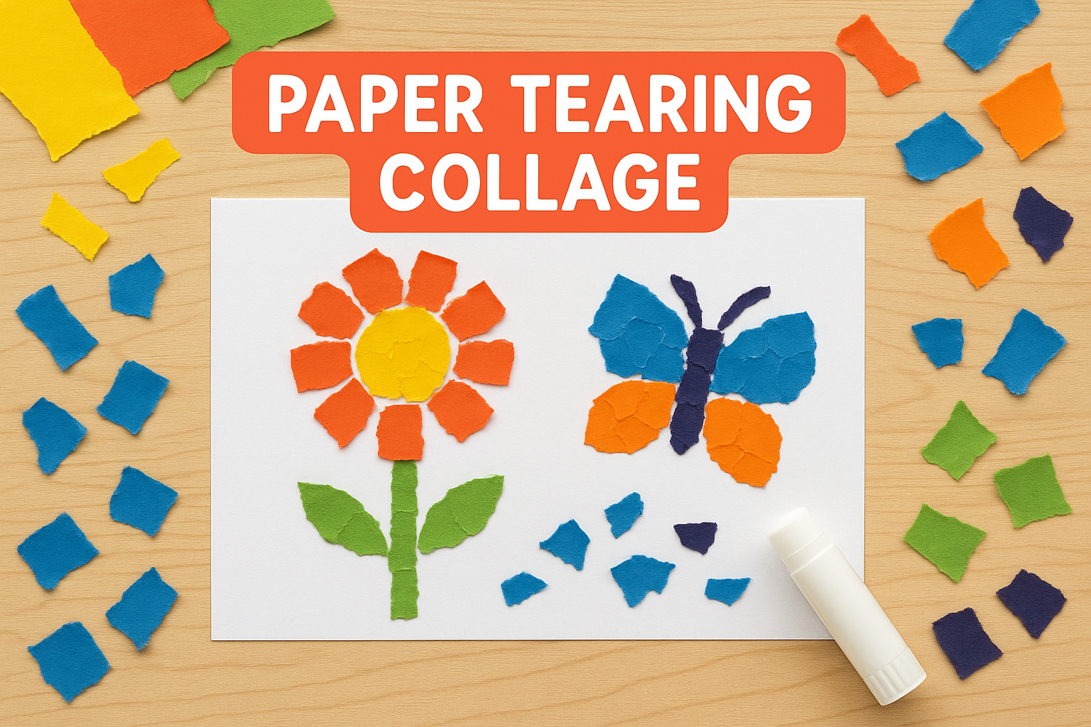 Torn bits of coloured paper stuck to white paper with glue