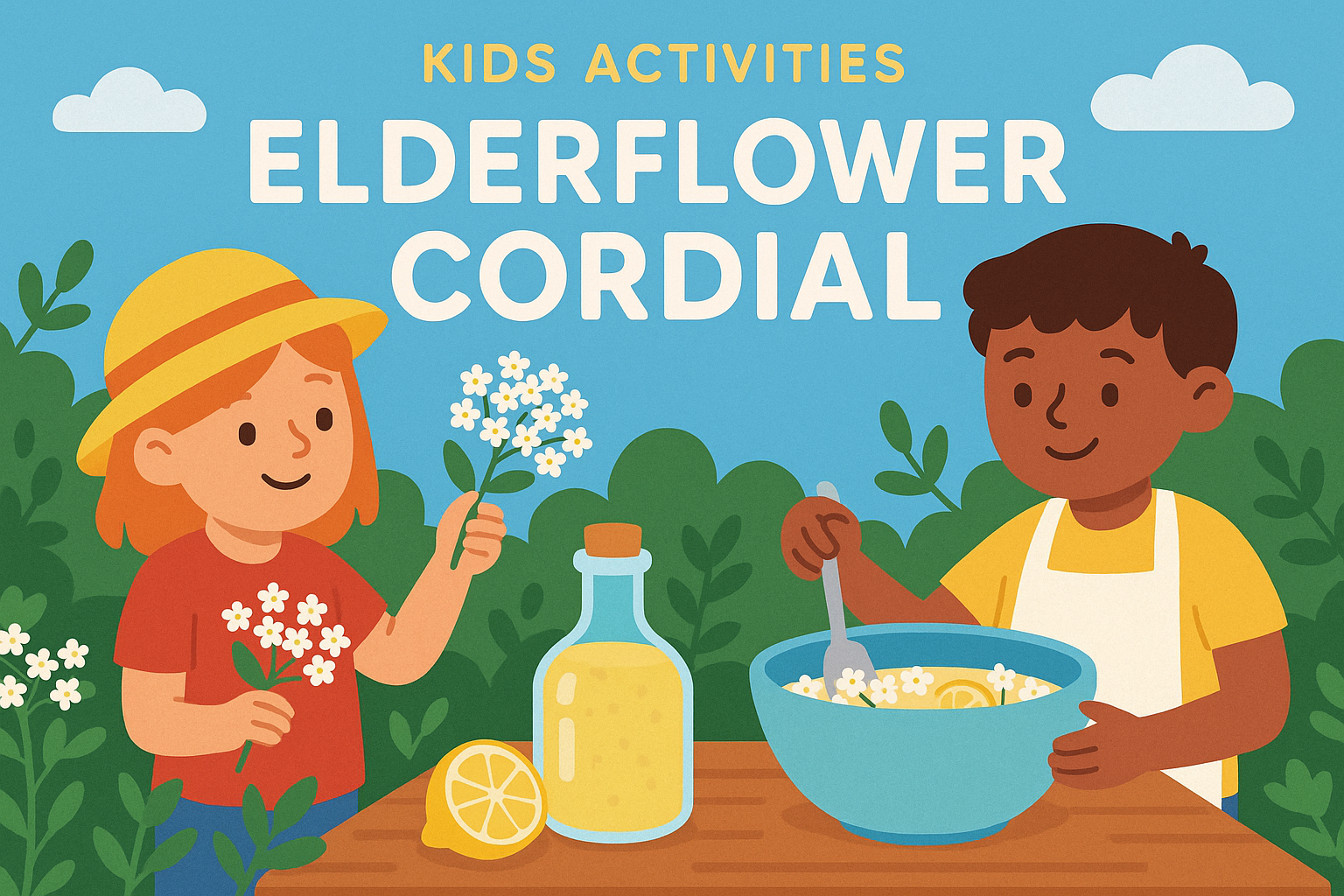 Kids making elderflower cordial on a table outside