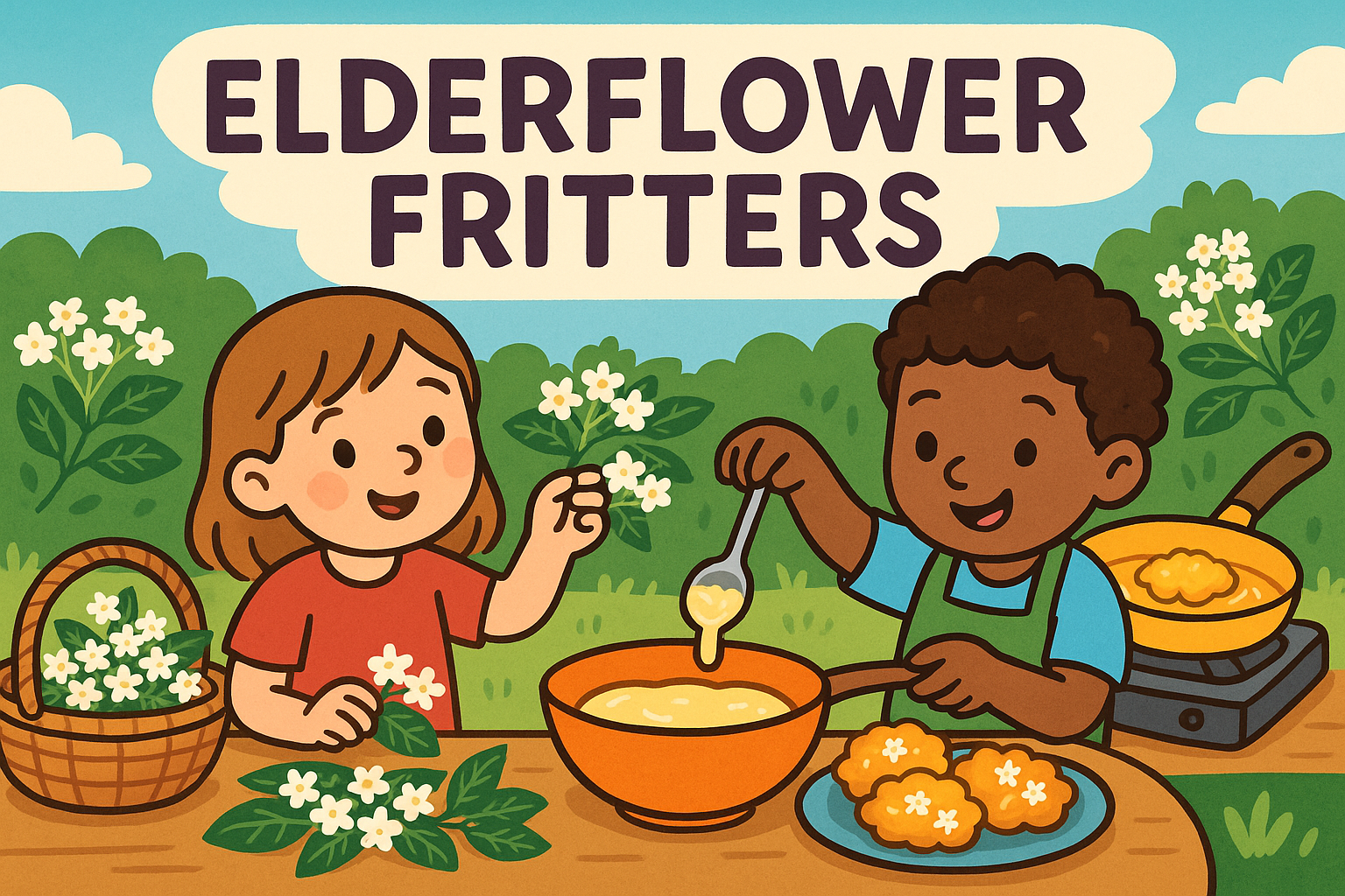Cartoon of two kids making elderflower fritters on a table in the garden