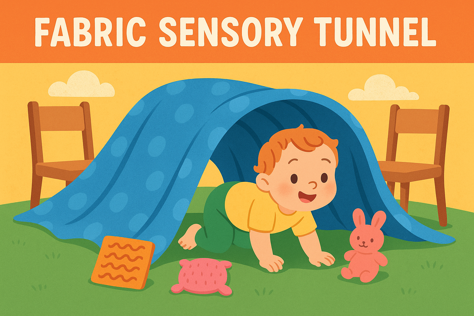 Cartoon of infant crawling through a fabric tunnel