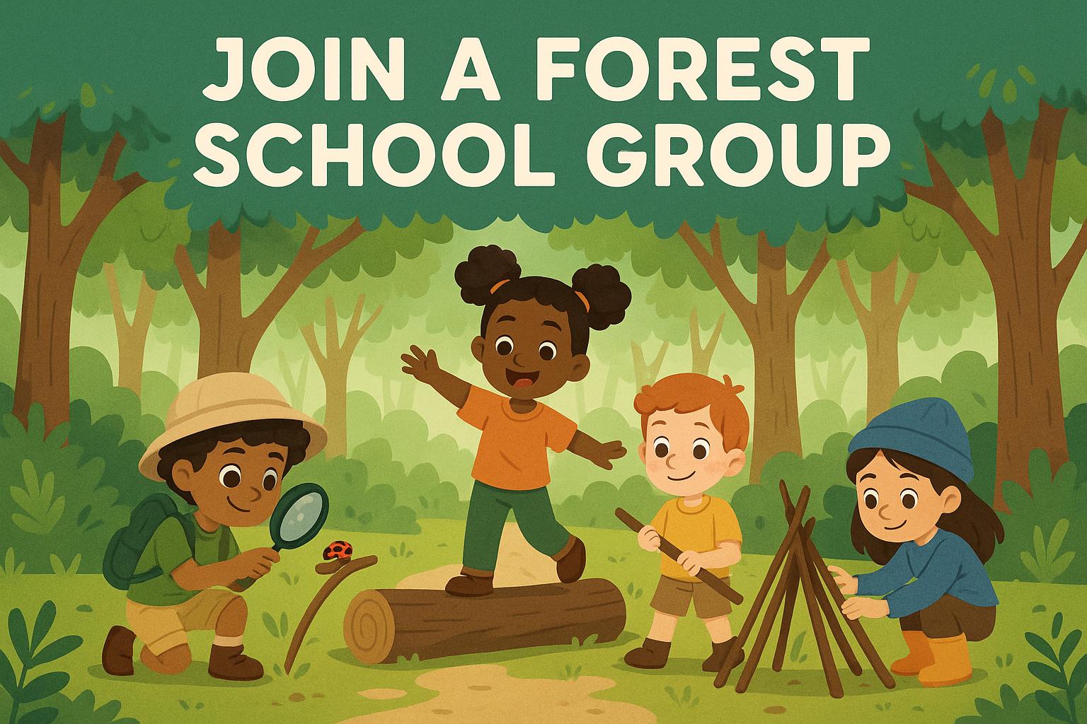 Cartoon of four kids in a forest undertaking different activities