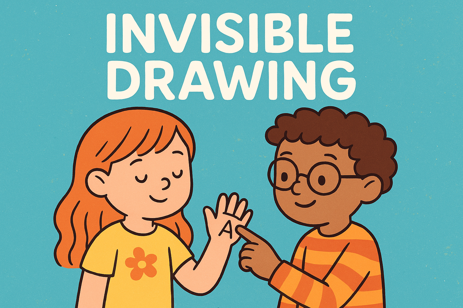 Cartoon of two kids, one with their eyes closed, the other drawing the shape of a letter 'A' on their hand