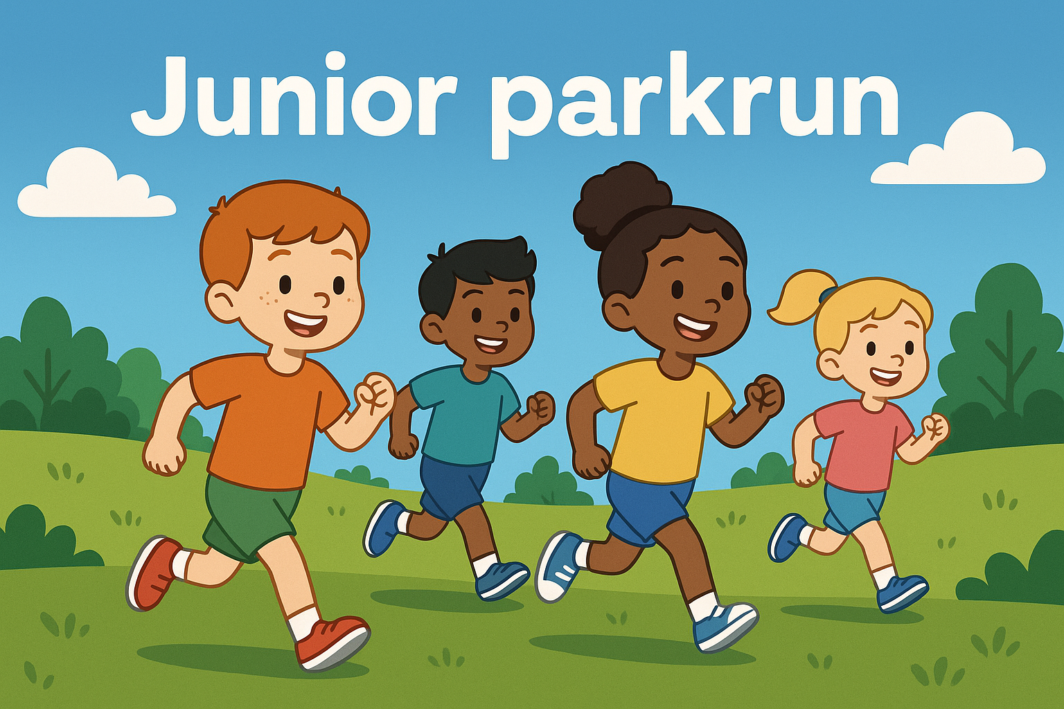 Cartoon of four kids running in a park