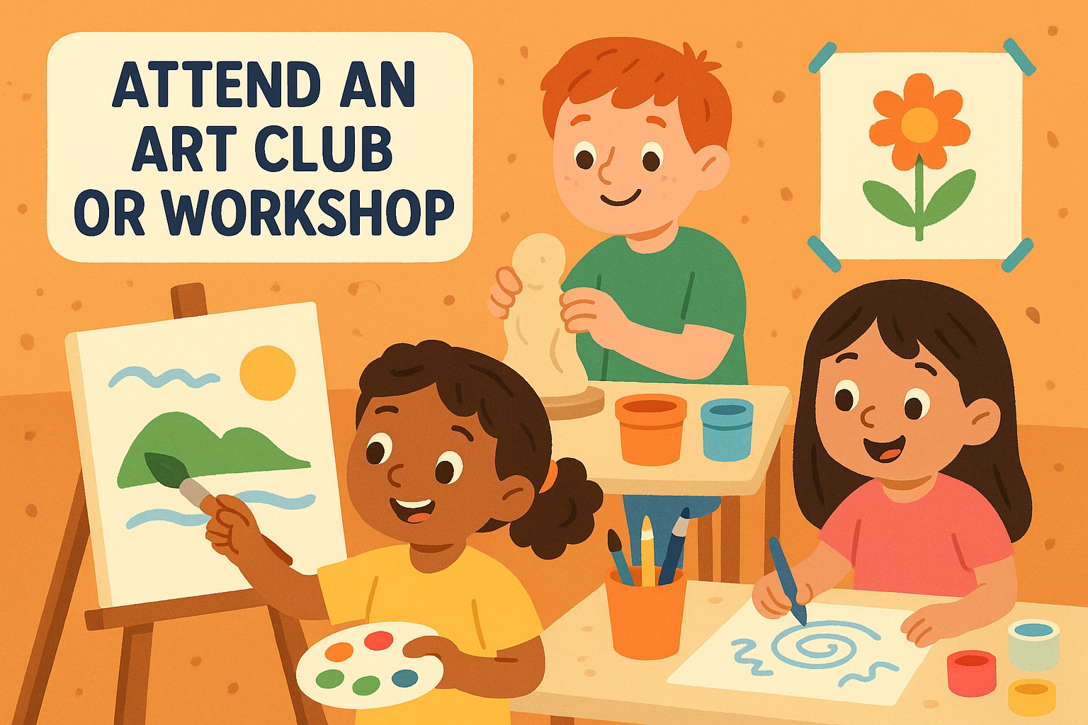 Cartoon image of kids doing various art activities