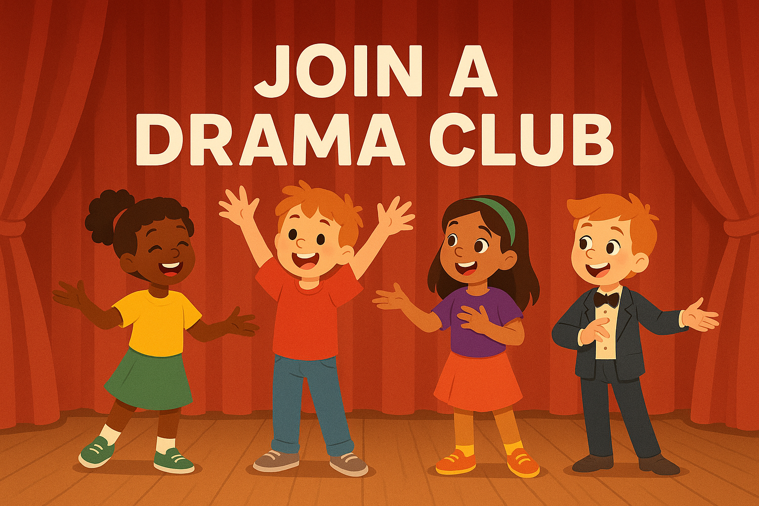 Cartoon of four kids on a theatre stage