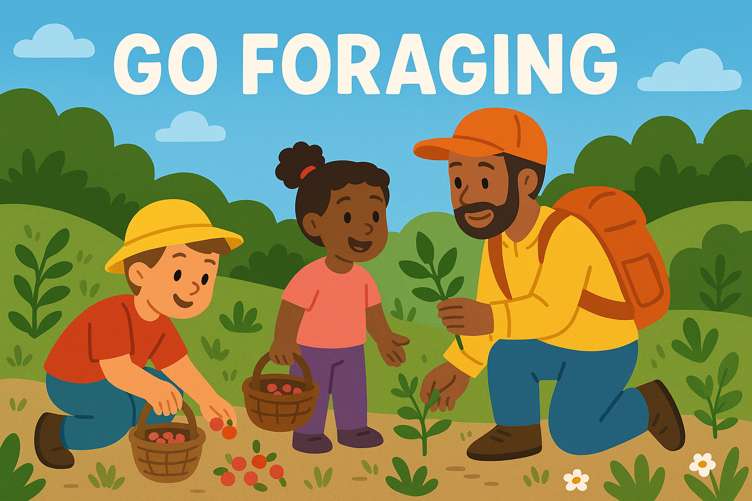 Cartoon of an adult and two kids in nature, picking leaves and berries