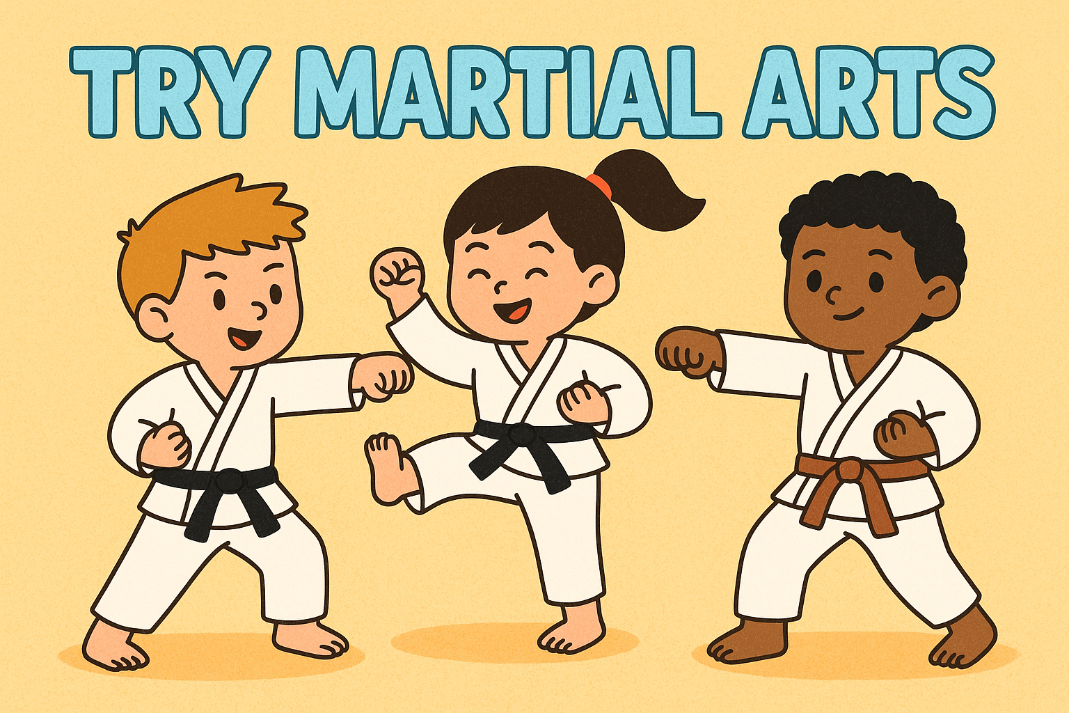 Cartoon of three kids in various martial arts poses