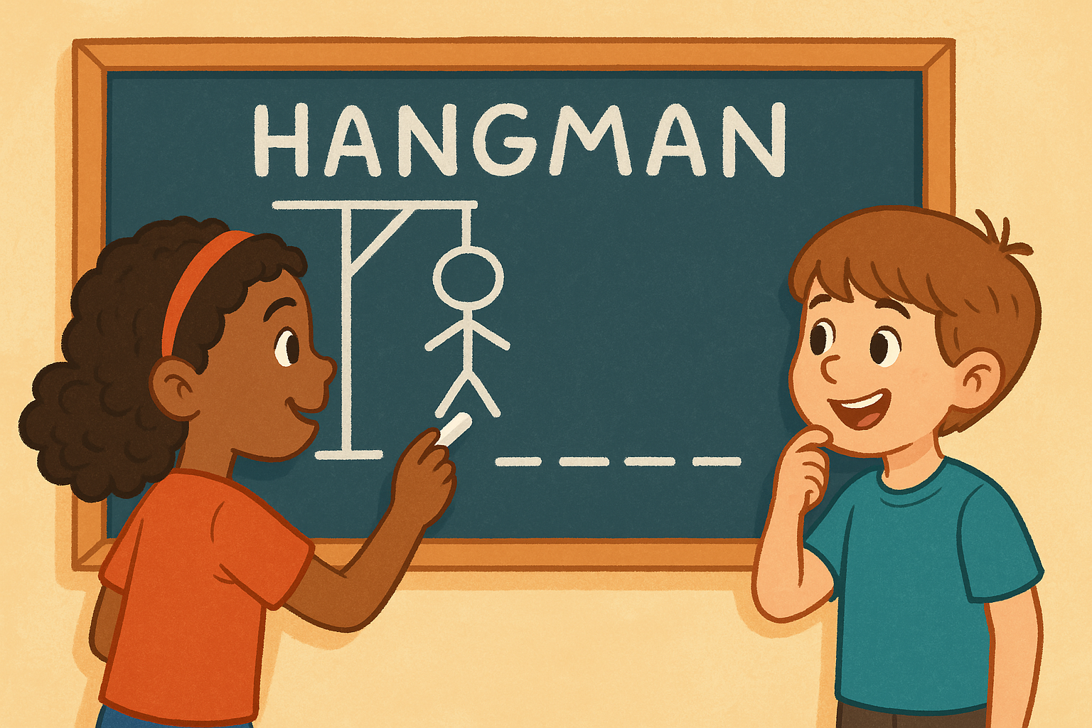 Cartoon image of kids playing hangman