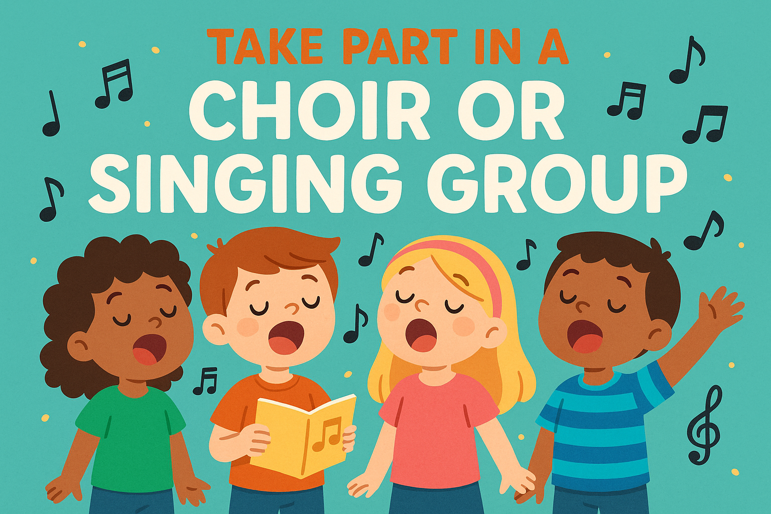 Cartoon of four kids singing