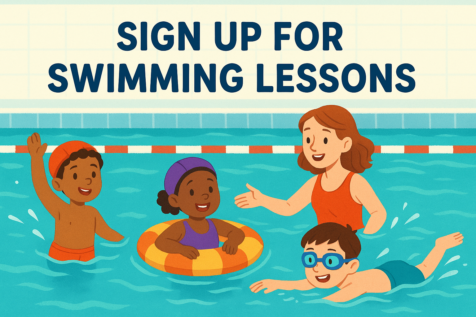 Cartoon of kids in a swimming pool with a swimming instructor