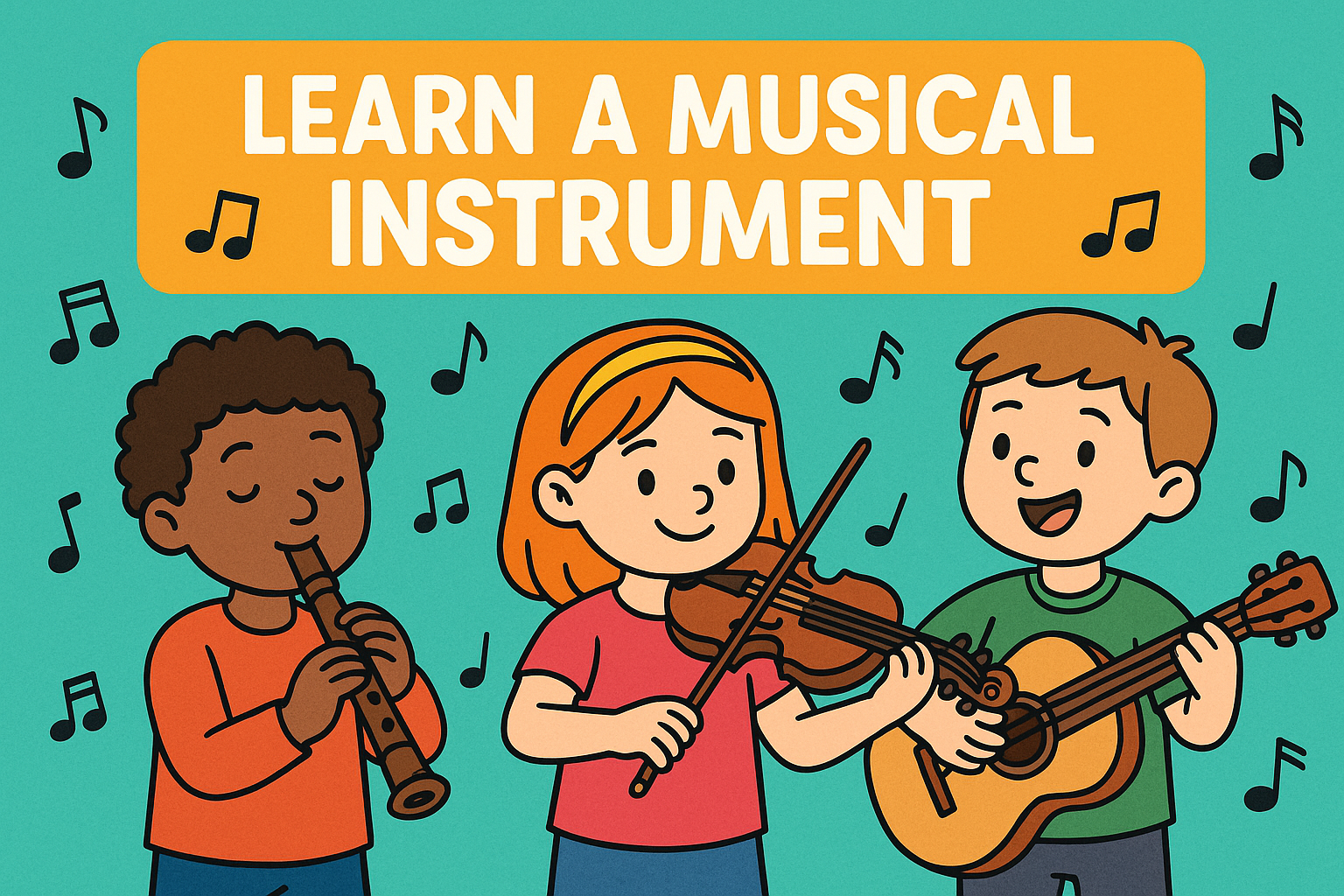 Cartoon of three kids, playing a recorder, violin and a guitar.