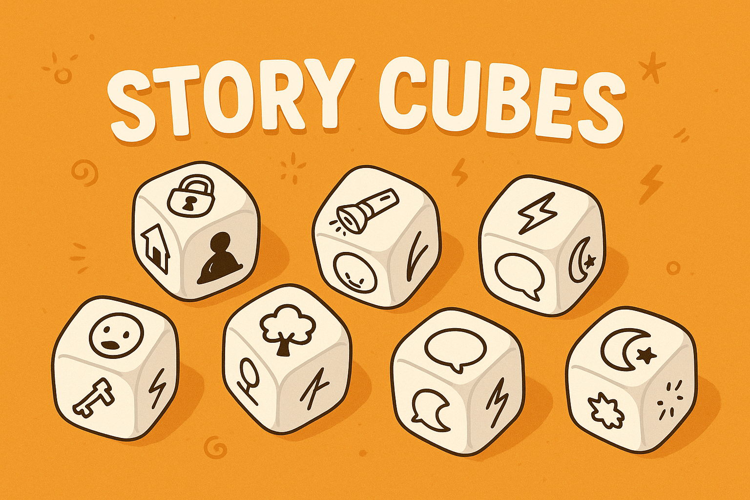 Cartoon image of story cubes, dice with drawings on each side