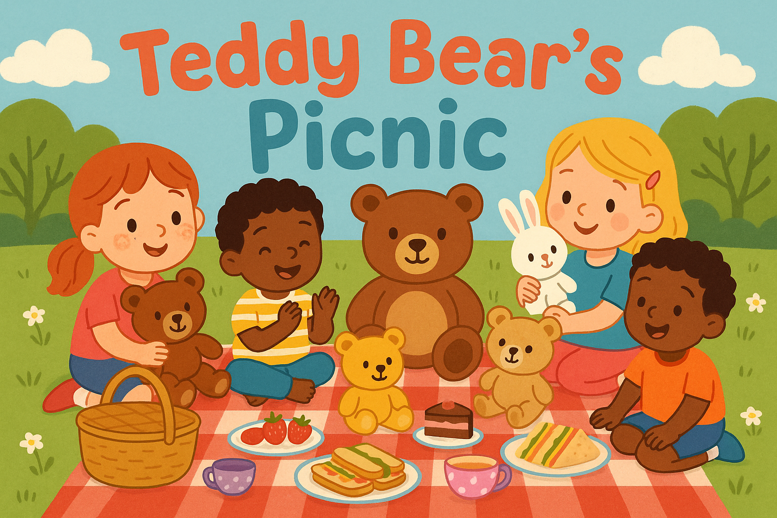 Cartooj of kids sitting on a picnic blanket with teddy bears and picnic food.