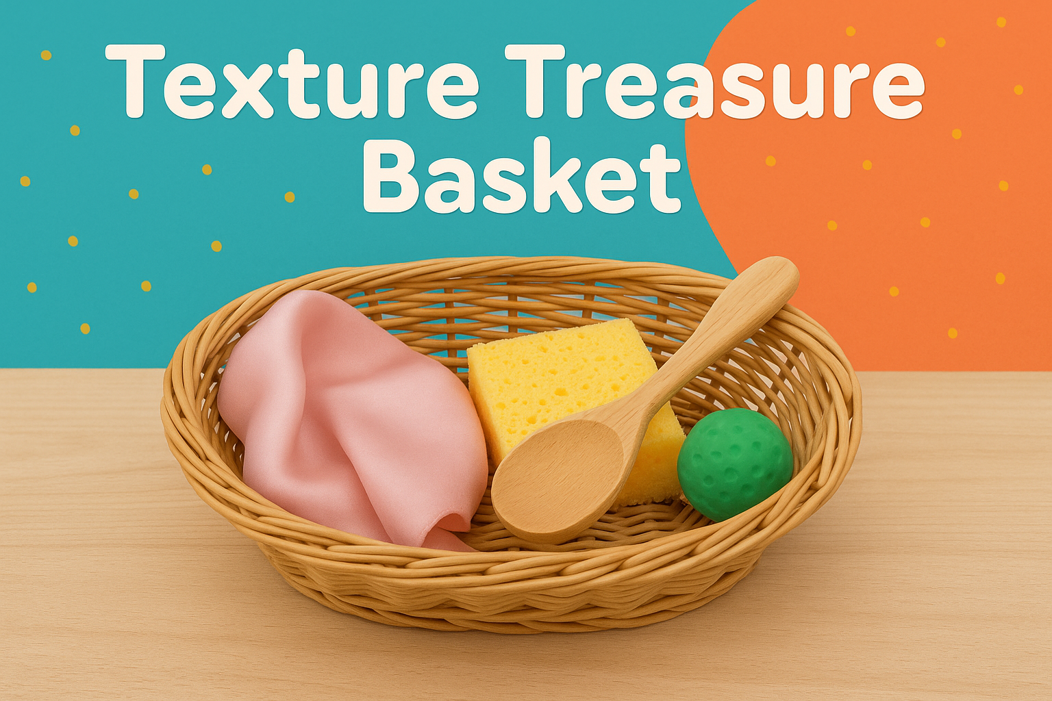 Image of a basket with a wooden spoon, ball and sponge in it.
