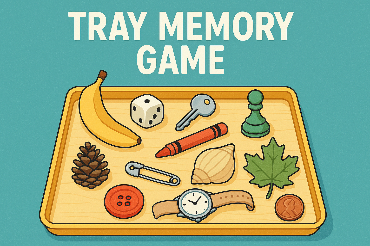 Cartoon image of a tray with assorted household objects on it