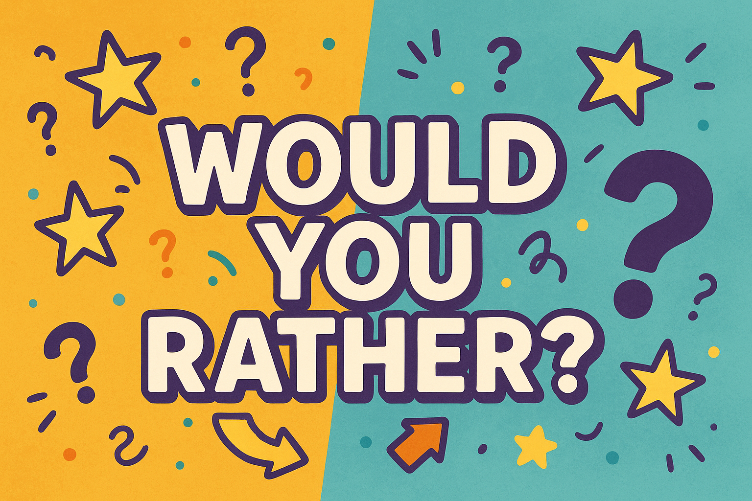 Colourful cartoon image of the text "Would you rather?"