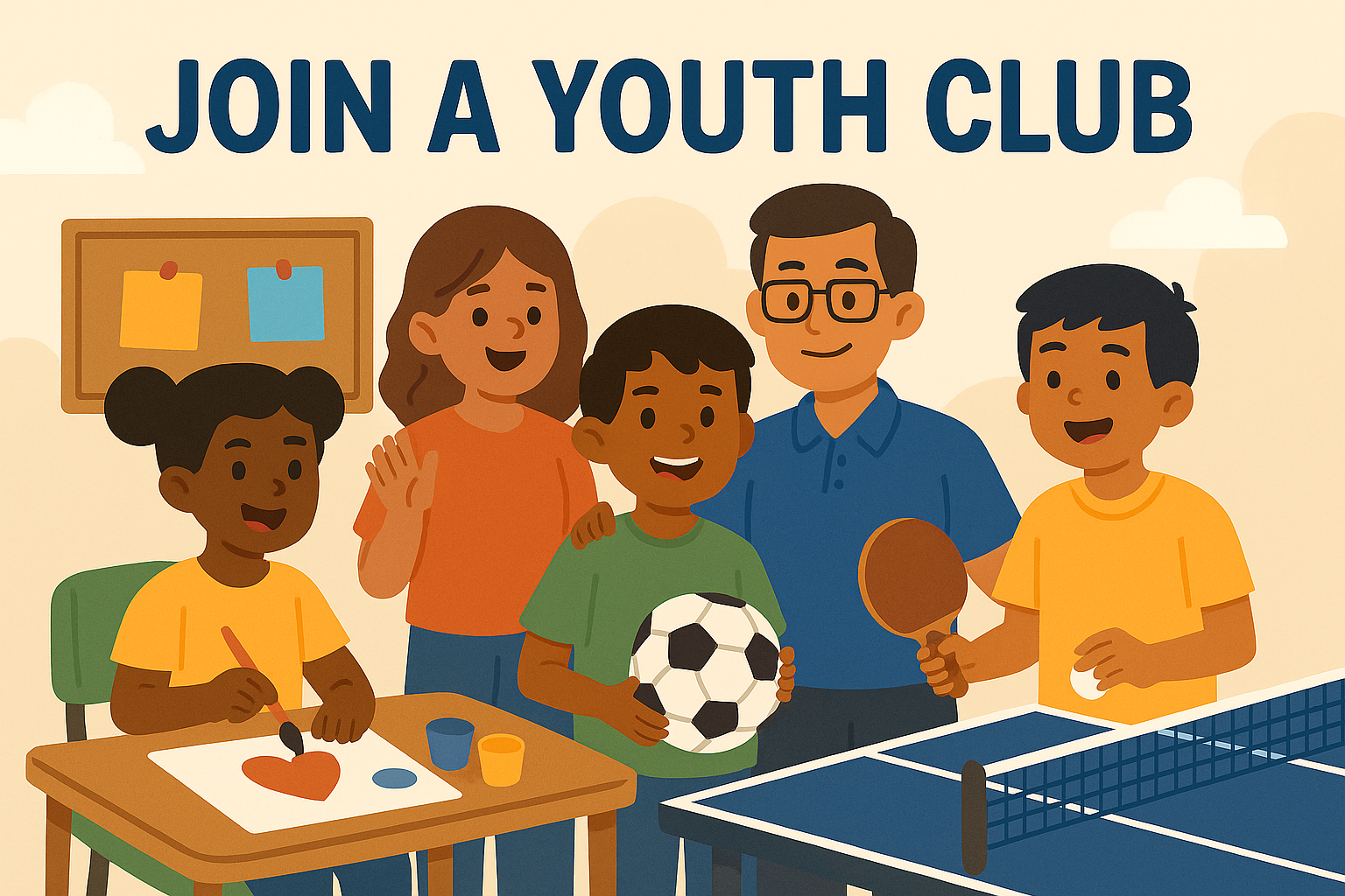 Cartoon image of kids and carers at a youth club