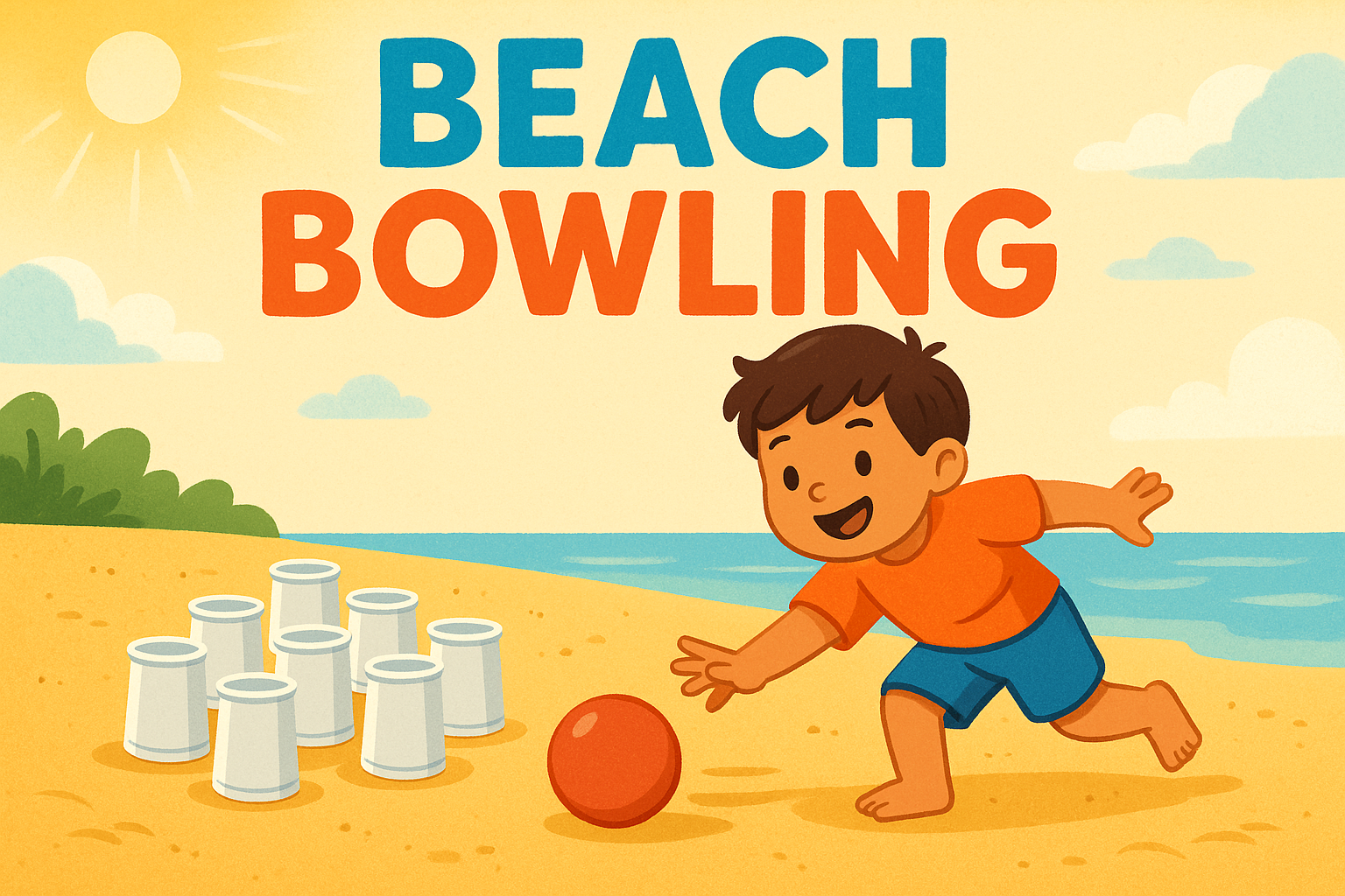 Young boy throws a ball at some plastic cups arranged on a beach