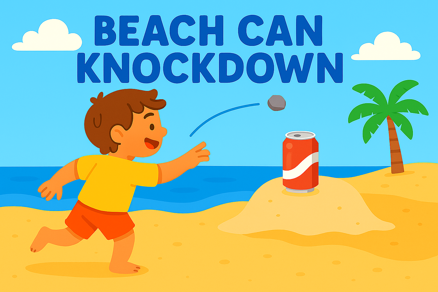 Boy on a beach throwing a stone at an empty can