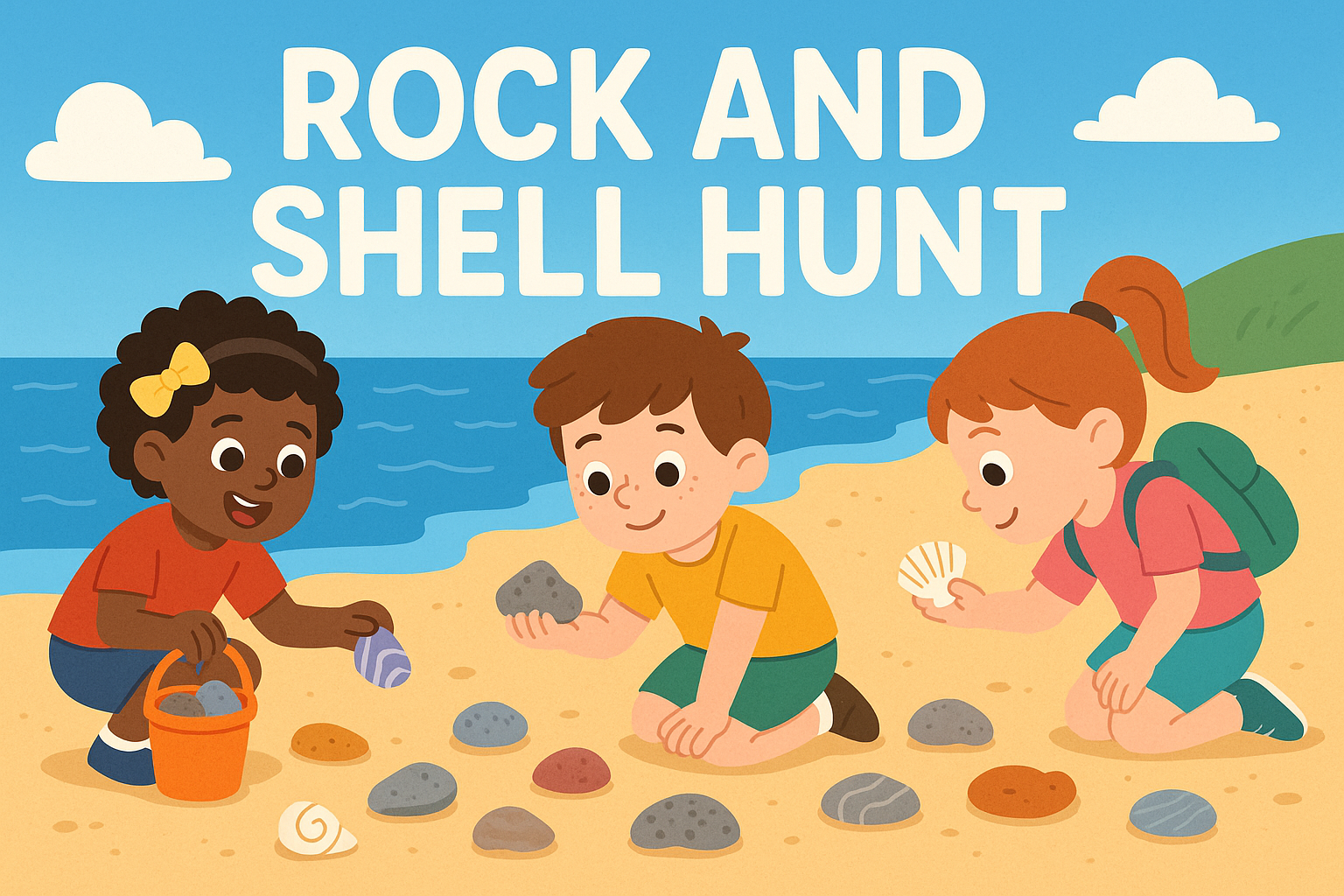 Cartoon image of three children hunting for shells and rocks on a sandy beach