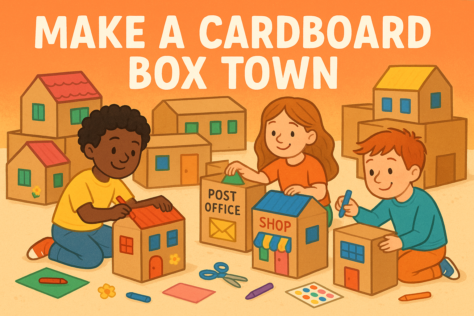 Three children making a town out of cardboard