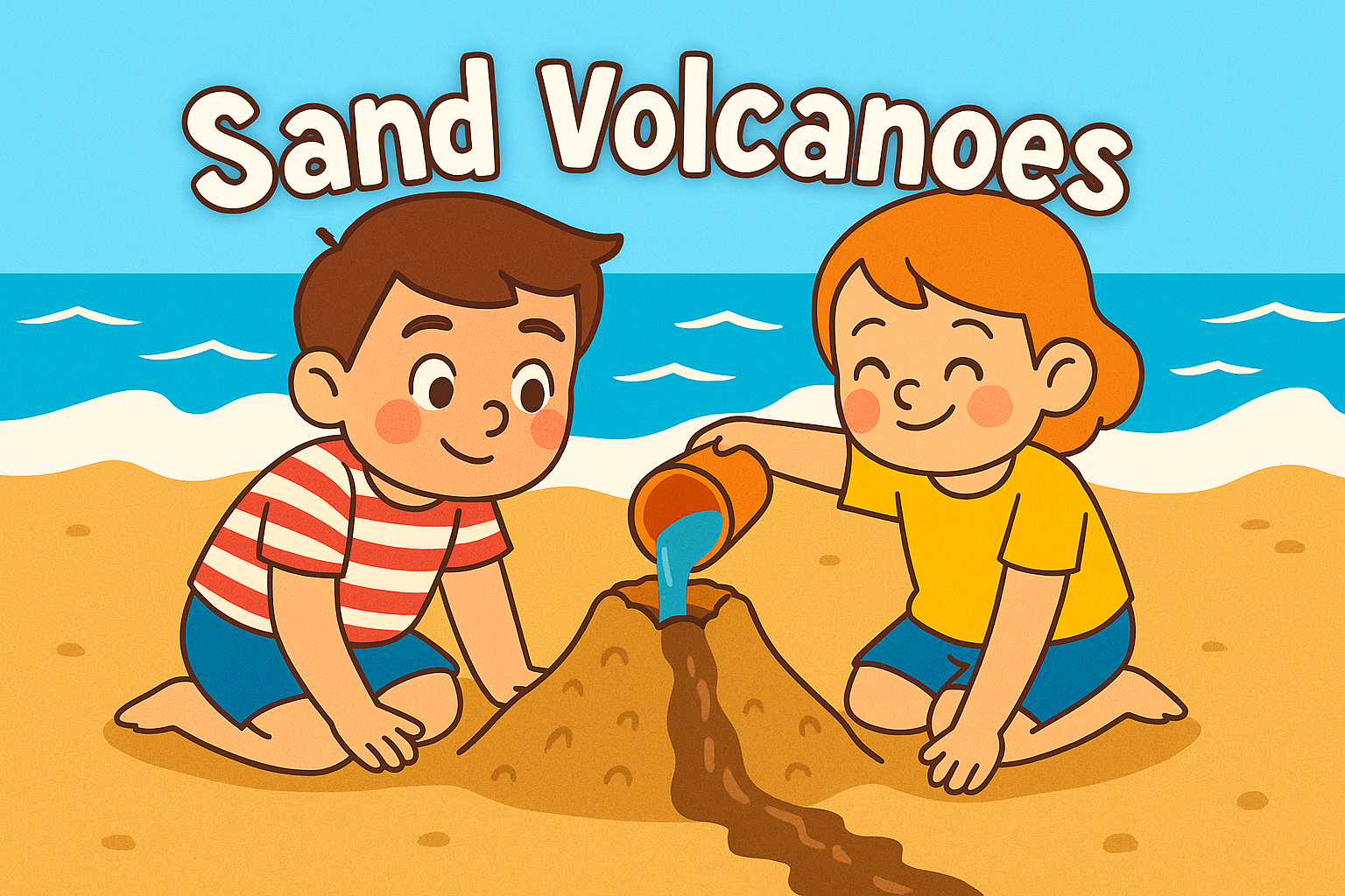 Two kids on a beach pouring water into a "volcano" made with sand