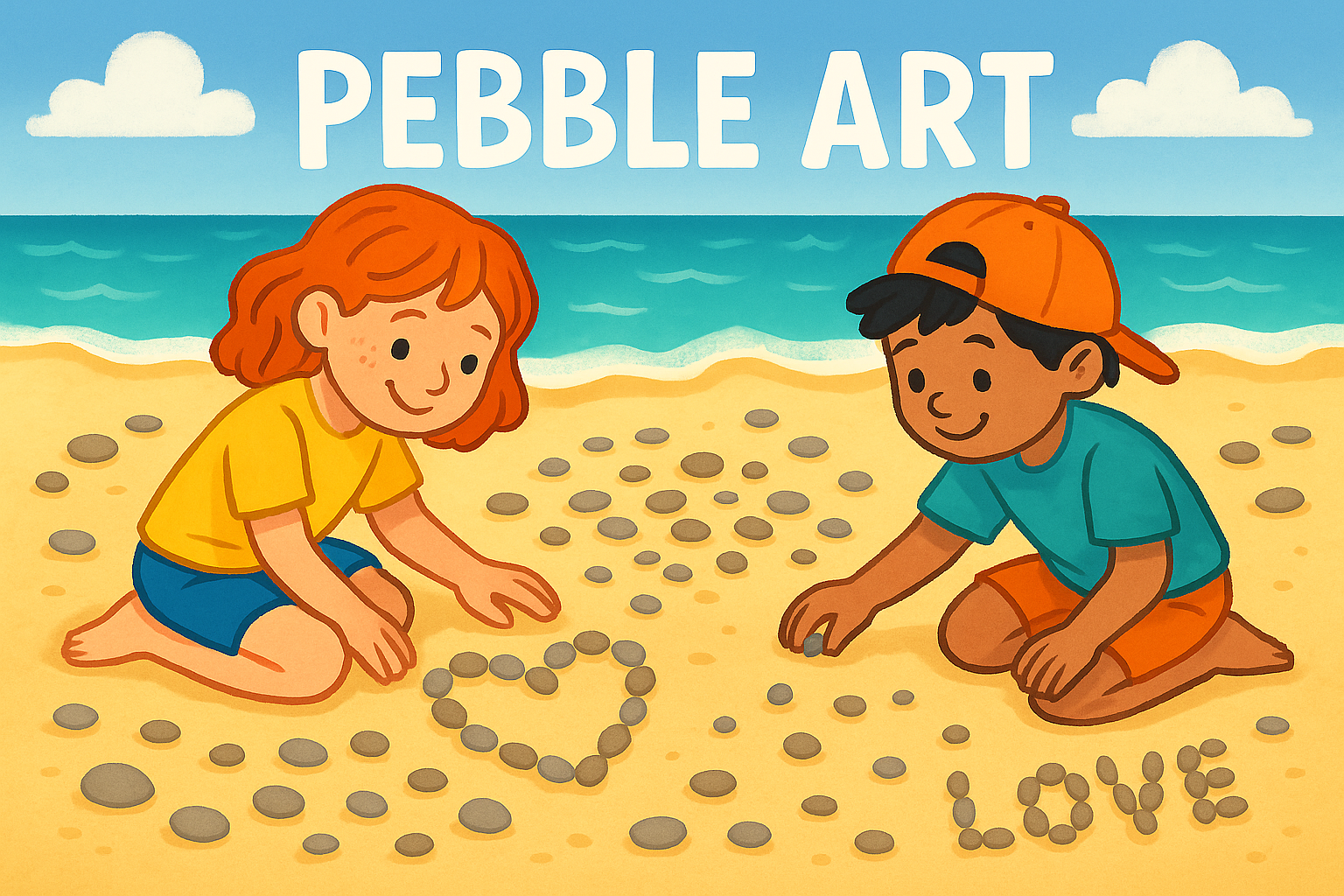 Two kids on a beach arranging pebbles in an artistic way.