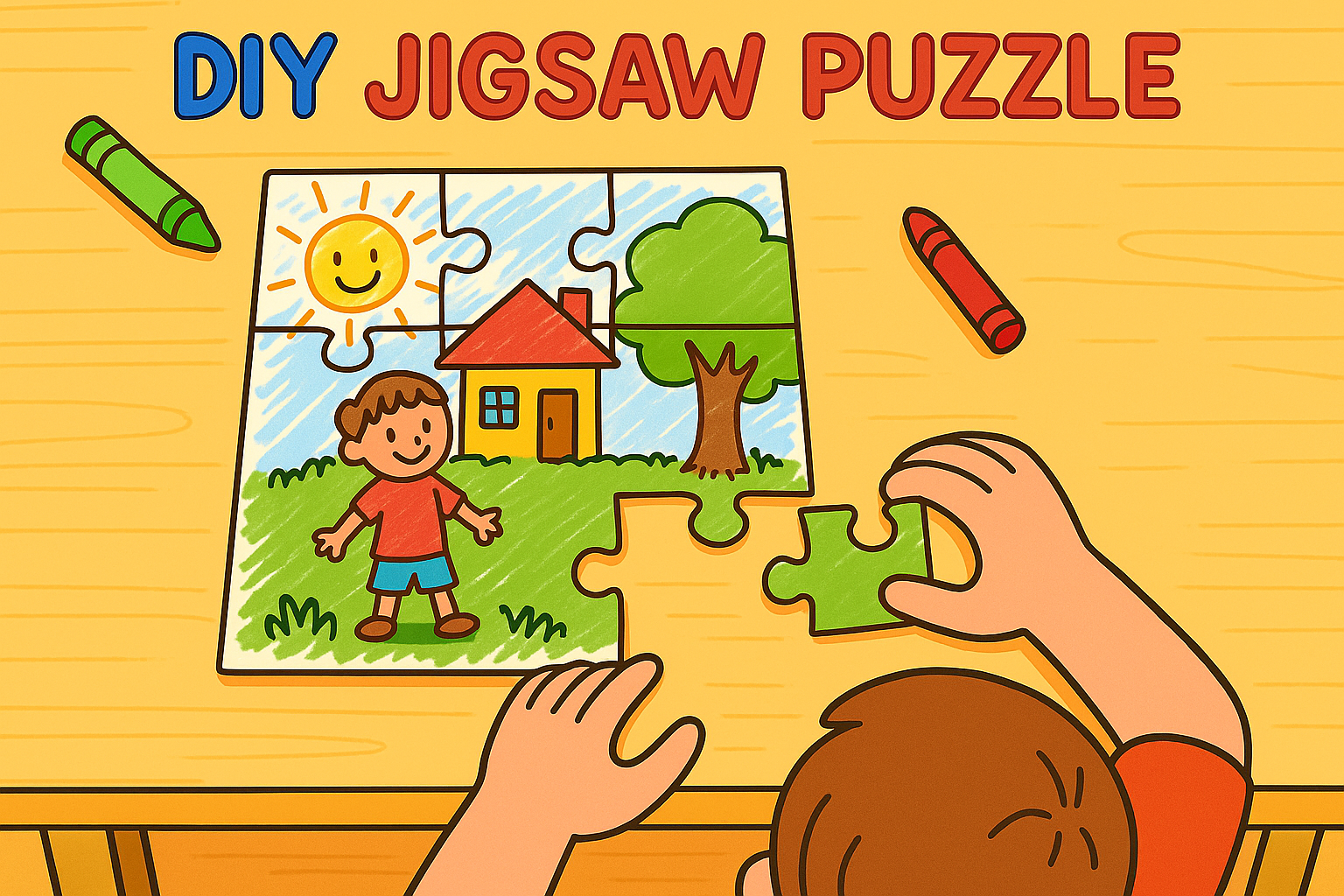 Cartoon image of a boy placing a piece into a jigsaw puzzle that he has drawn and cut himself.
