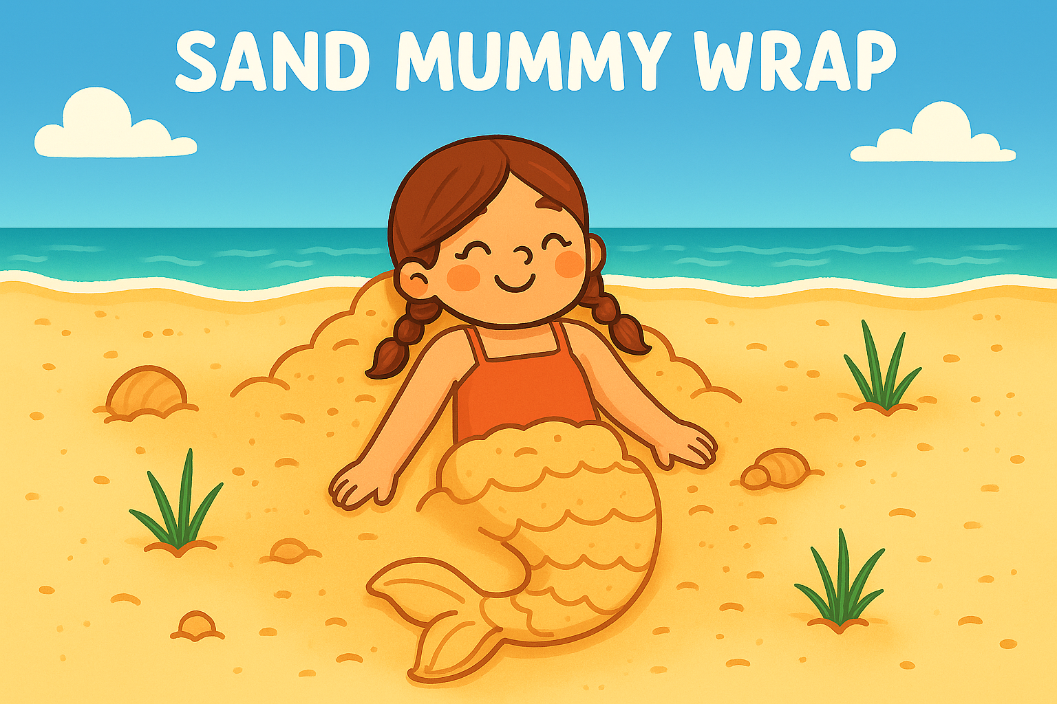 Girl on a beach lying in the sand with a sand mermaid tail that has been built up around her legs