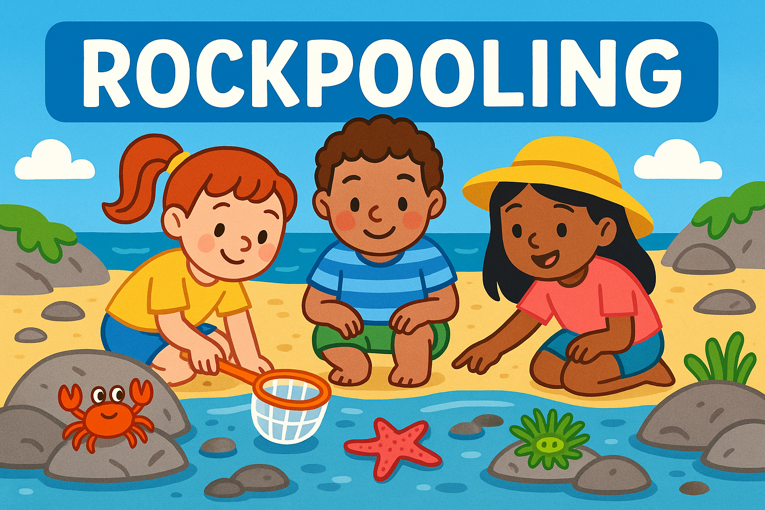 THree children looking into a rock pool, where they can see various sea creatures