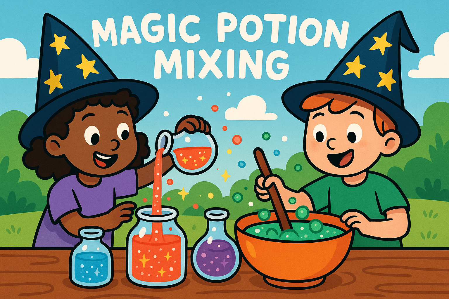 Two kids, with wizard hats, mixing colourful liquids