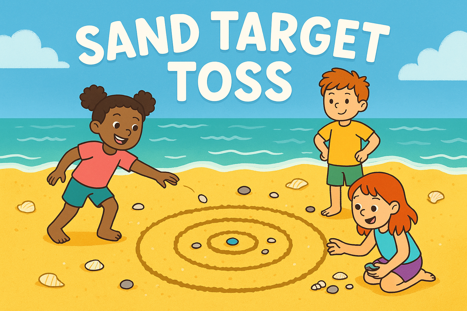 Cartoon image of three children, on a sandy beach, throwing pebbles into a target drawn in the sand