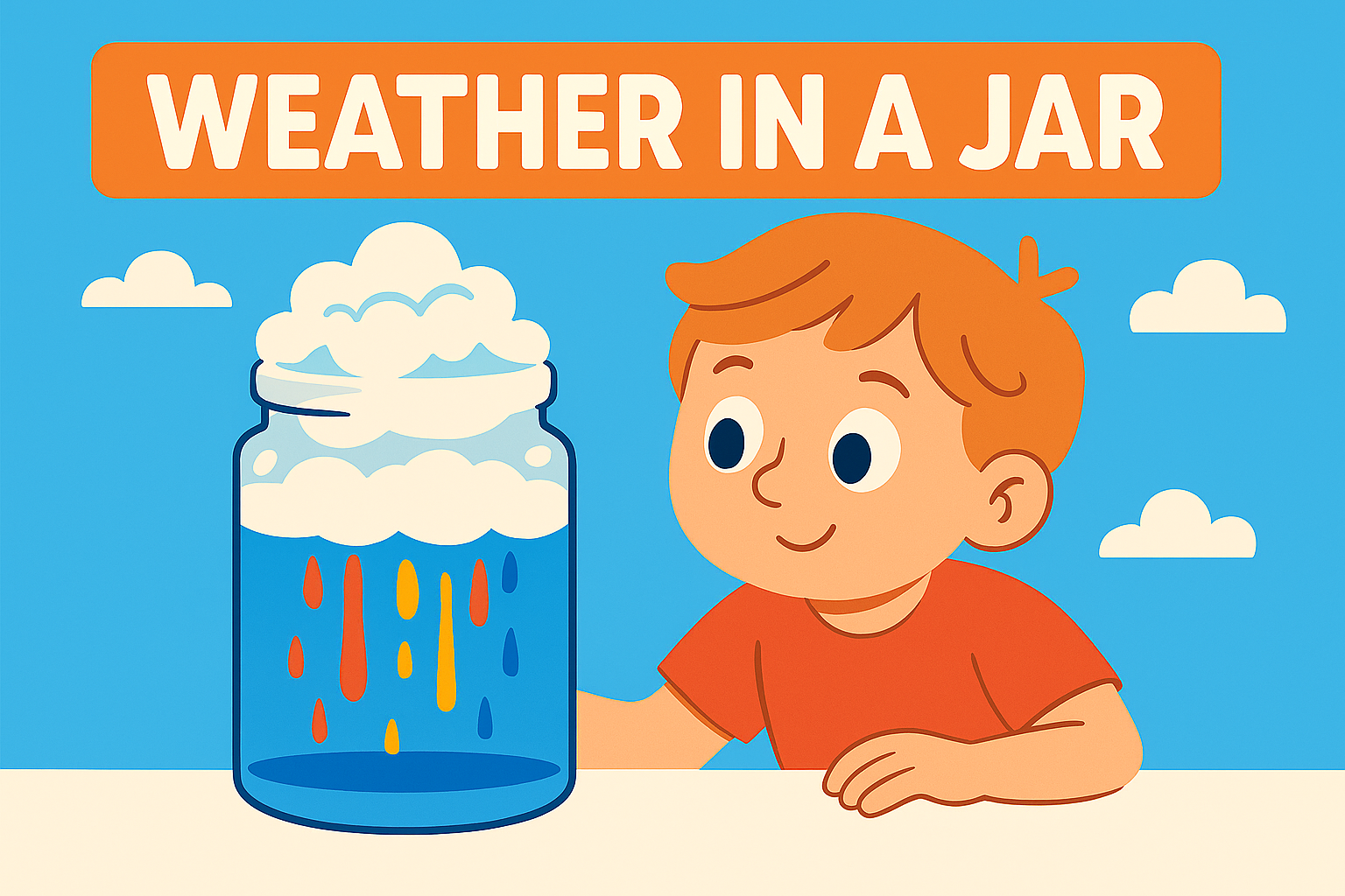 Boy looking at a jar with shaving cream simulating a cloud, with coloured drops falling through