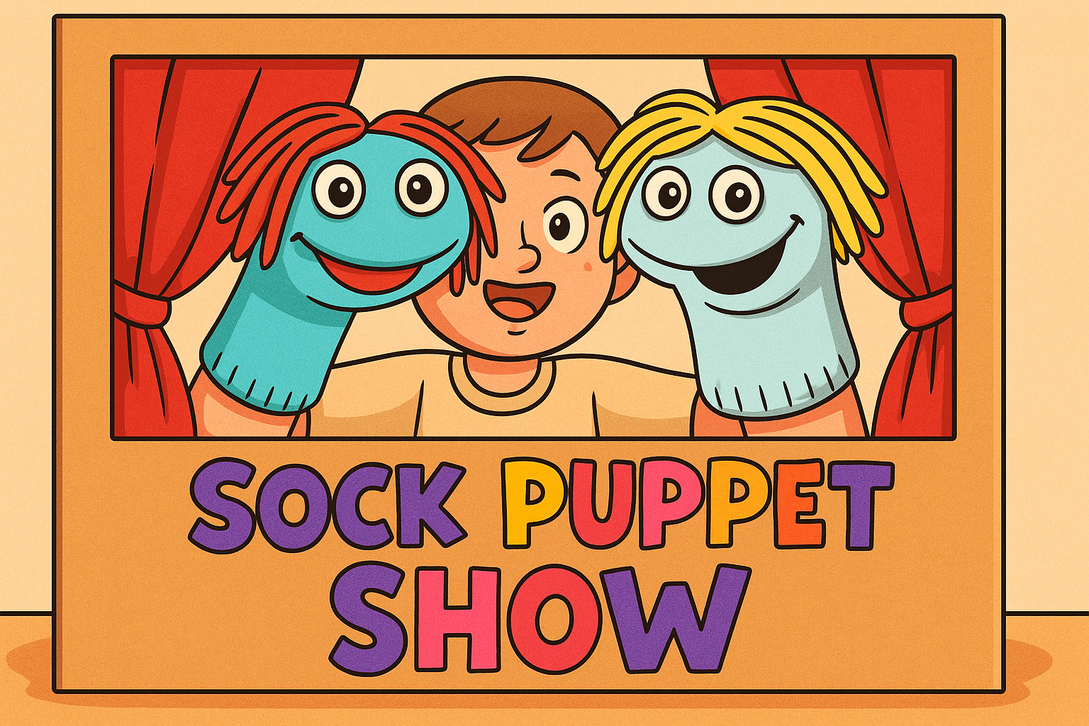 Cartoon of boy with sock puppets on each hand