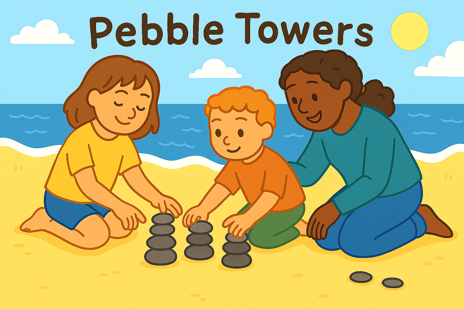 Kids o a beach building towers with pebbles