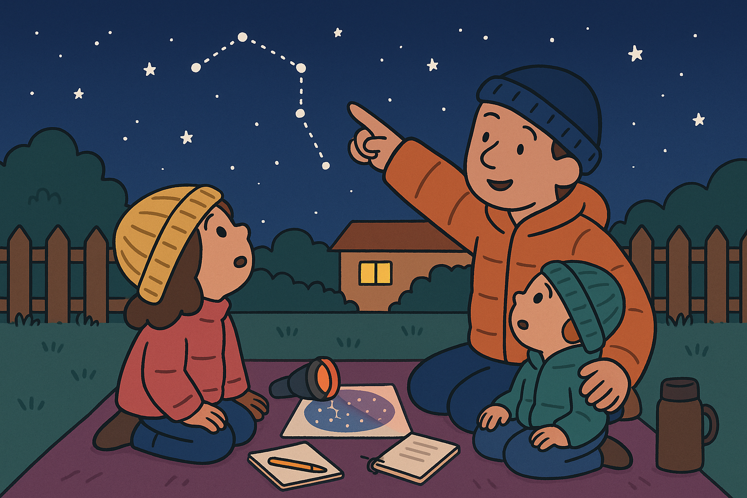 Two kids and a carer, looking up to a constellation in the night sky