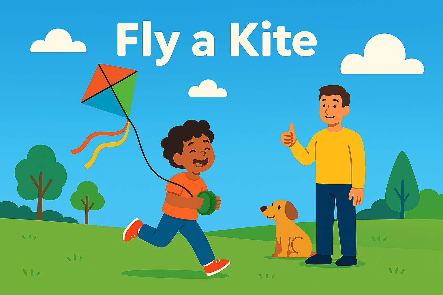 A kid flying a kite while a man looks on giving a thumbs up